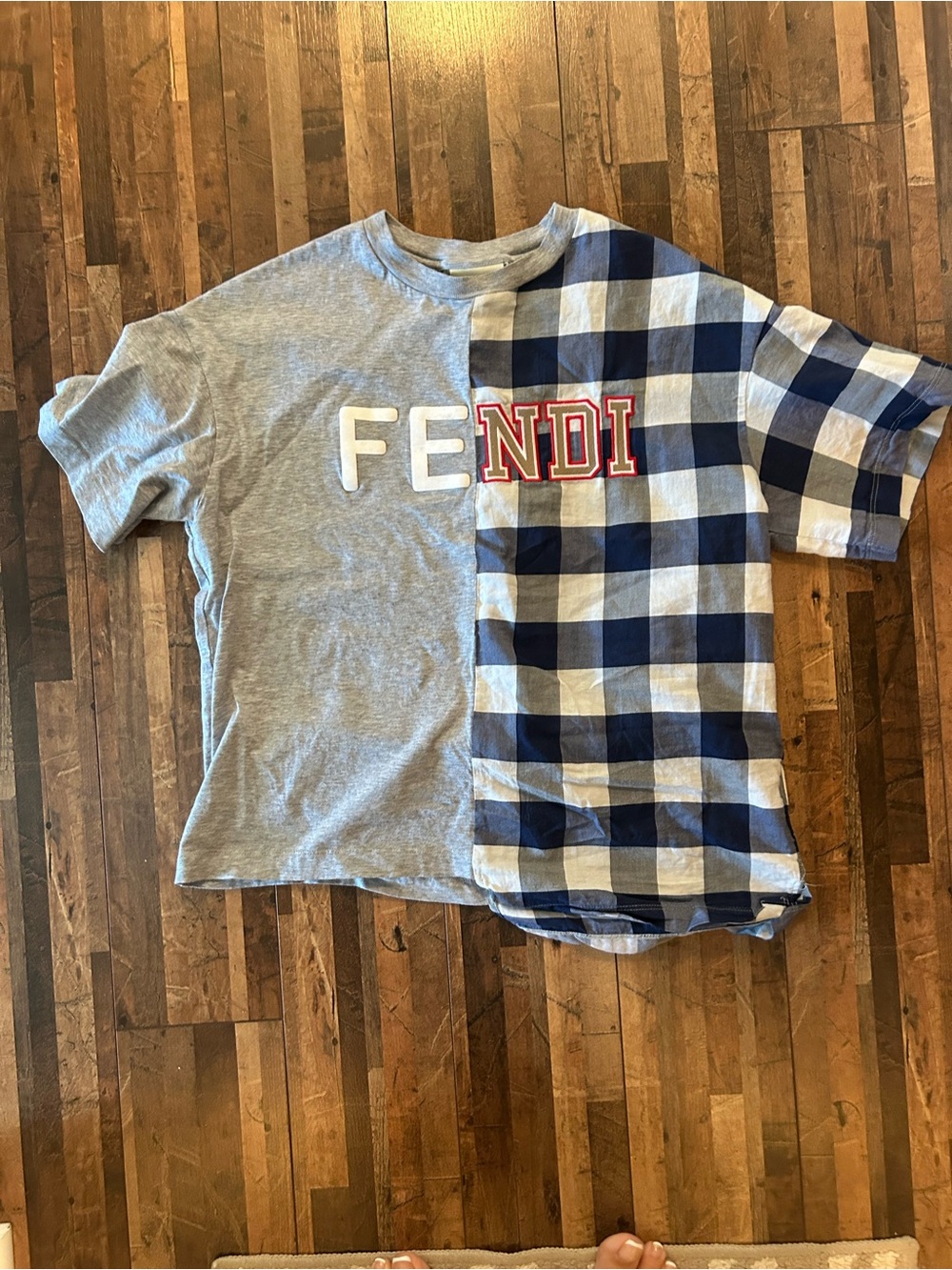 Fendi Kids Blue and White Check Shirt with Grey Logo Detail
